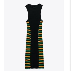 Zara striped black, green and orange ribbed sleeveless midi dress NWT